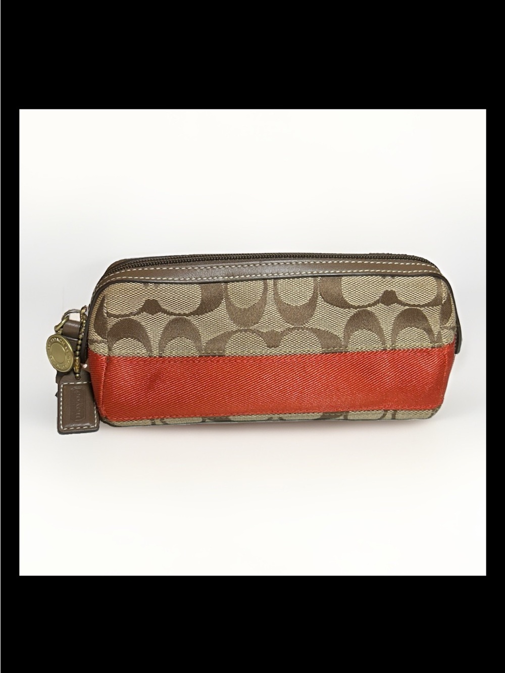 Coach Signature Stripe Cosmetic Pouch, Persimmon, Brown Leather, 2006 (#40026)